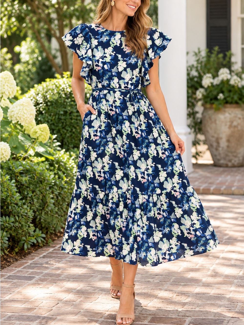 a new day Navy Watercolor Floral Ruffle Midi Dress